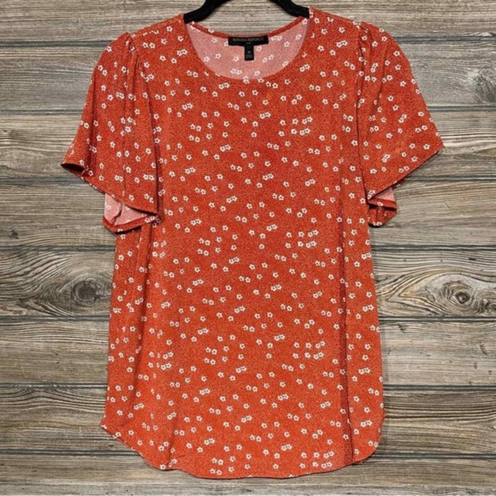 Banana Republic‎ Floral Print Flutter Sleeve Blouse Womens Medium Top Orange